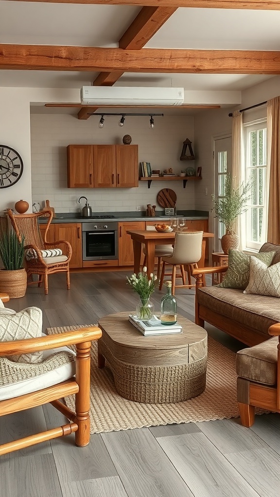 A cozy living room featuring natural wood furniture, including a coffee table and chairs, with warm lighting.