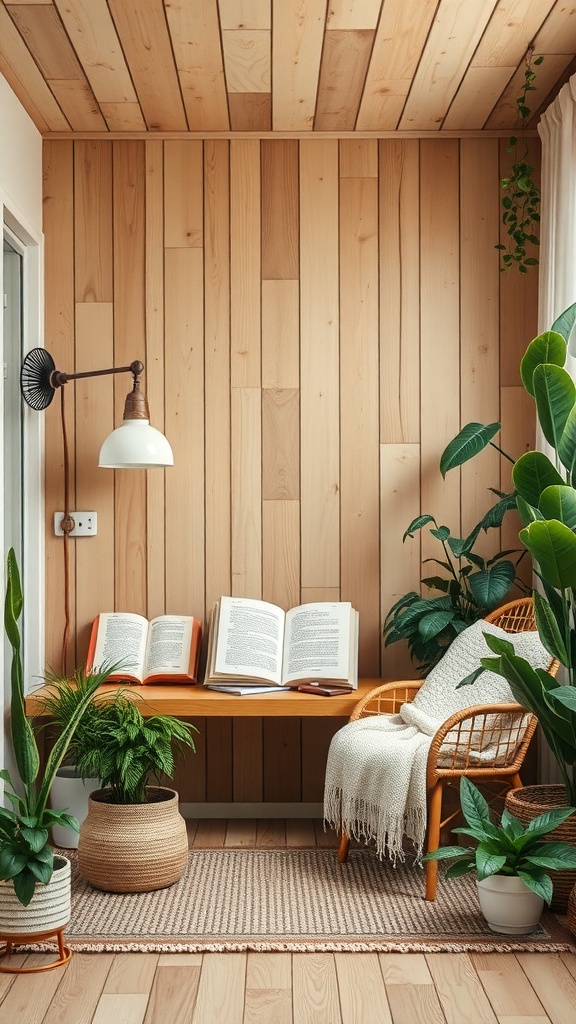 Cozy reading nook with natural wood walls, rattan chair, plants, and an open book on the table.