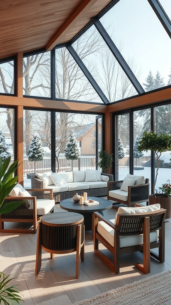 Moderner Wintergarten mit großen Fenstern, Holz- und Textilmöbeln, Pflanzen und winterlicher Landschaft draußen.