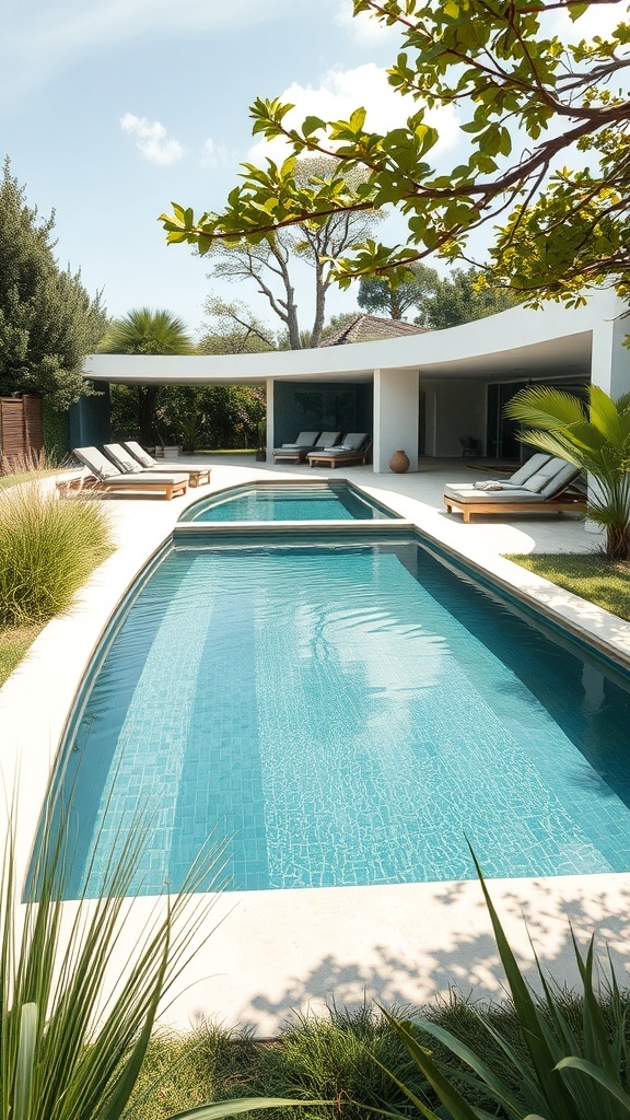 Ein moderner Pool in einer natürlichen Umgebung mit Liegen und viel Grün.