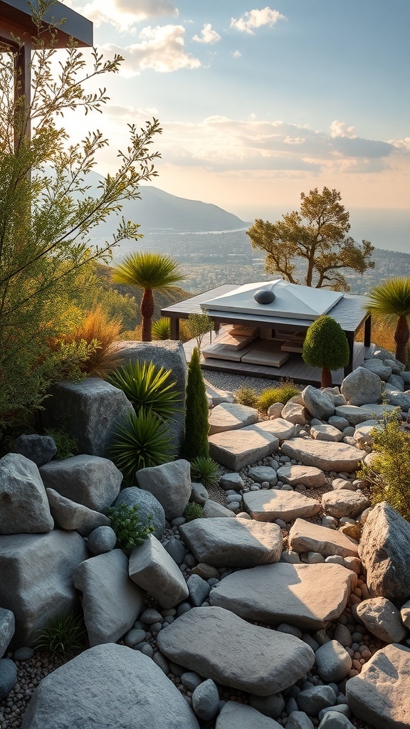 Ein naturbelassener Steingarten mit großen Steinen, Kieselsteinen und grünen Pflanzen, der einen Blick auf die Landschaft bietet.