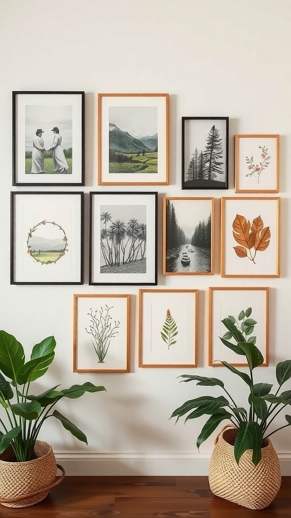 Gallery wall featuring nature-inspired art with various frames and plants