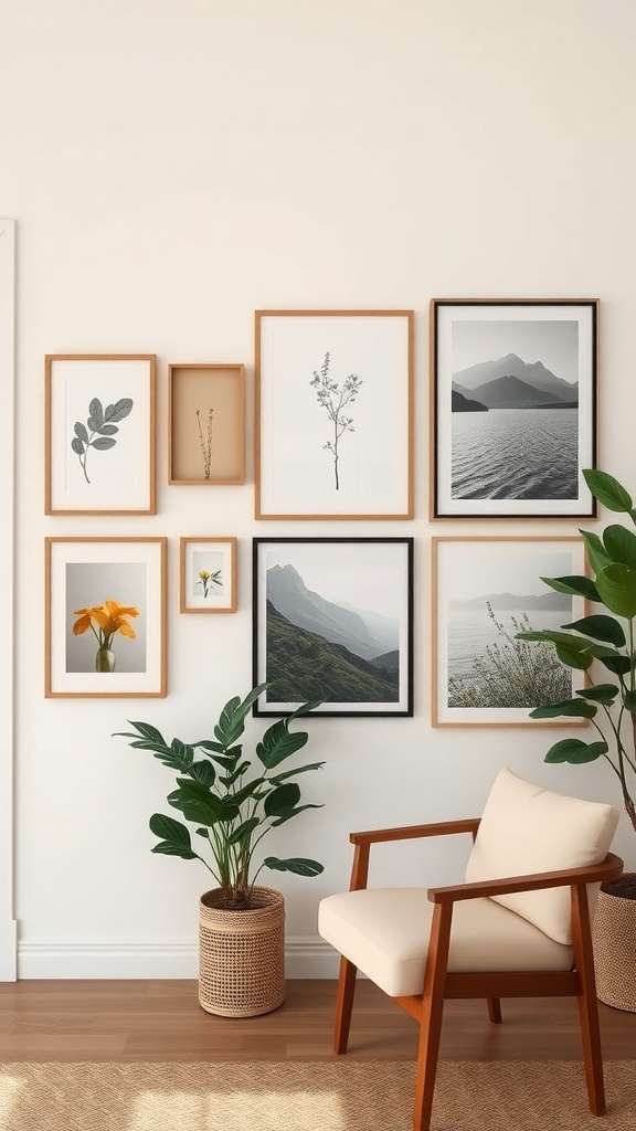 A collection of nature-inspired artwork framed on a wall, featuring plants and landscapes.