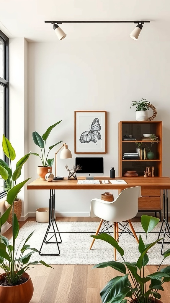 A stylish home office featuring plants, a wooden desk, and natural light.