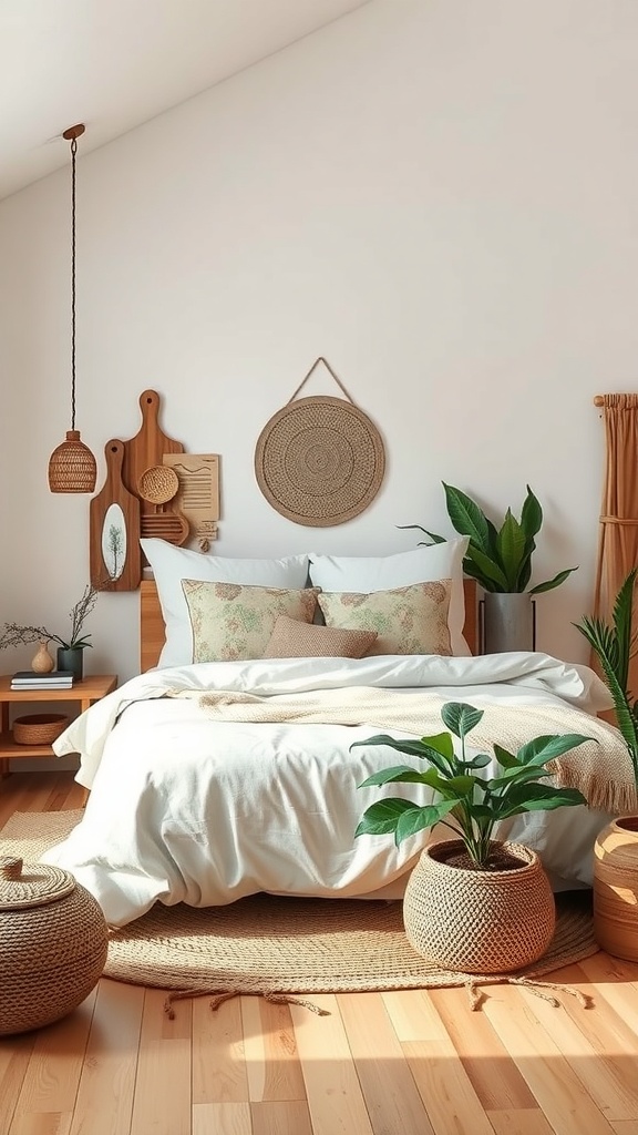 A cozy bedroom featuring natural elements like plants, woven decor, and earthy tones.