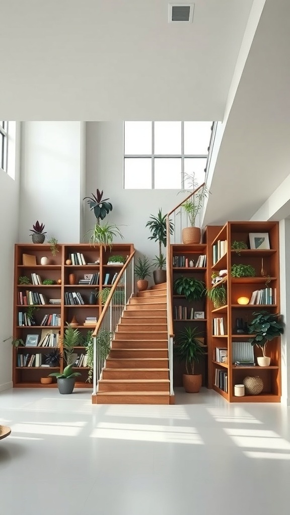 A nature-inspired bookshelf staircase featuring wooden shelves filled with books and various plants.