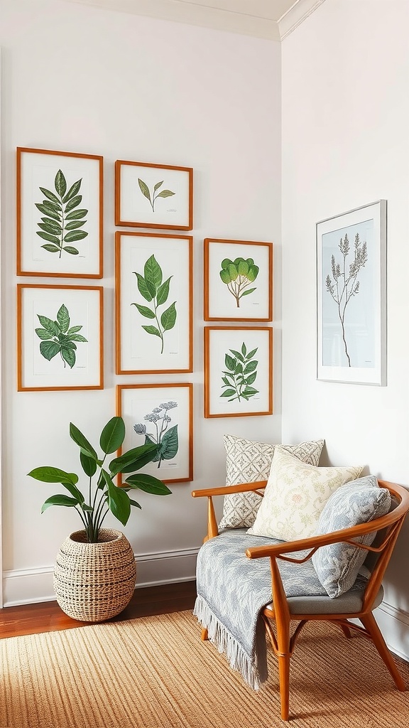 A cozy corner with botanical prints on the wall, a plant, and a comfortable chair.