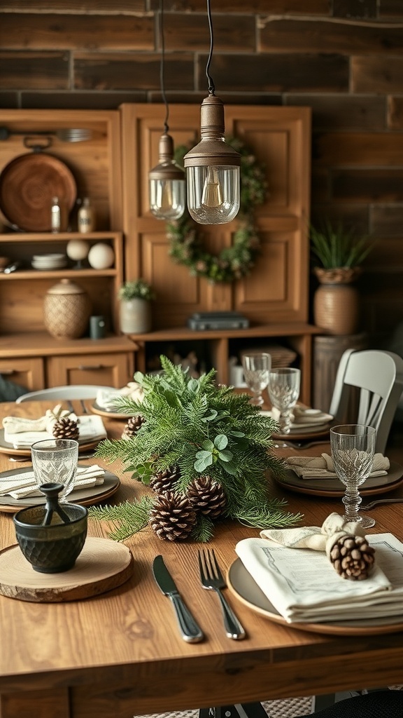 A rustic dining table set with a nature-inspired centerpiece featuring greenery and pinecones.