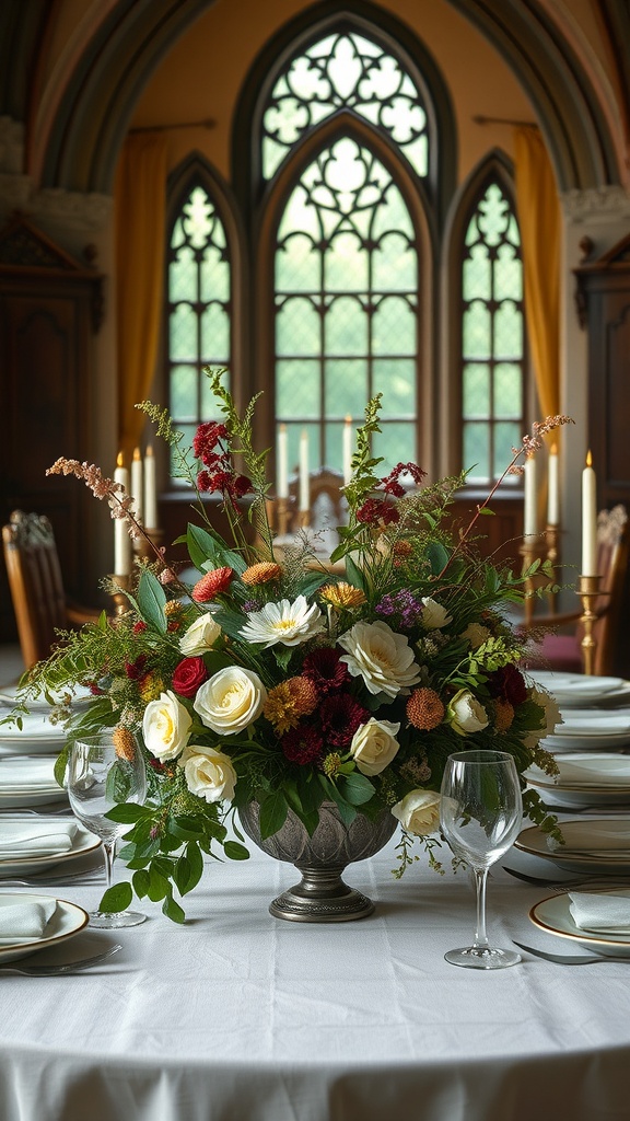 A beautiful floral centerpiece featuring white and red roses, colorful flowers, and greenery, set on a table with elegant glassware and a soft tablecloth.