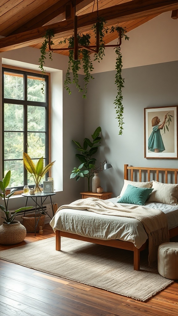 A serene Japandi bedroom featuring a nature-inspired color palette with beige walls, large windows, and hanging greenery.