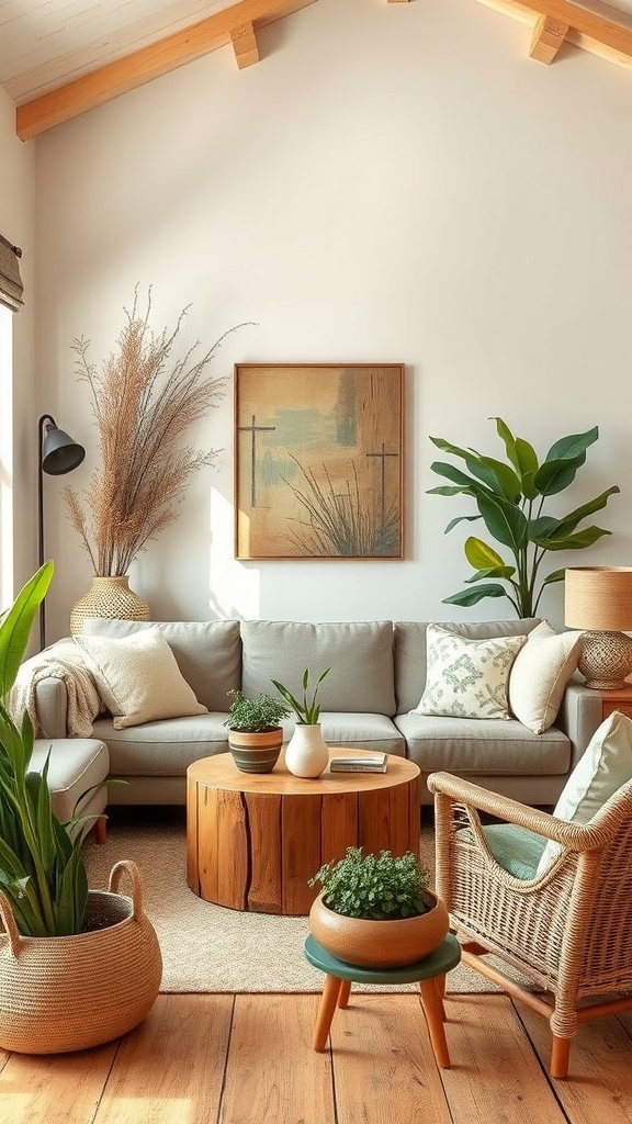 Cozy living room with a nature-inspired color palette featuring plants, a wooden coffee table, and soft furnishings.