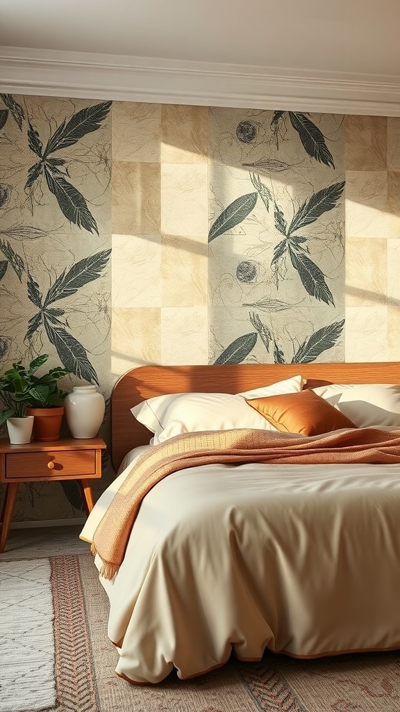 Ein Schlafzimmer mit naturinspirierten Farben und botanischen Mustern auf der Tapete.