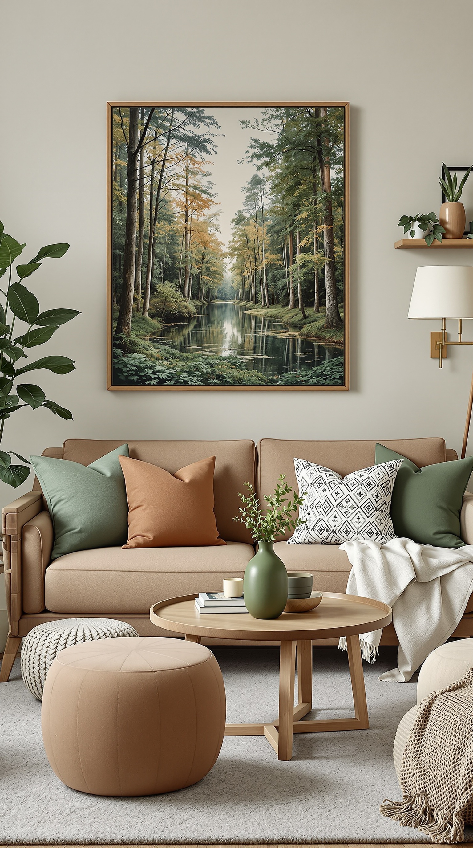 Bright farmhouse living room with large windows, wooden beams, and nature-inspired decor.