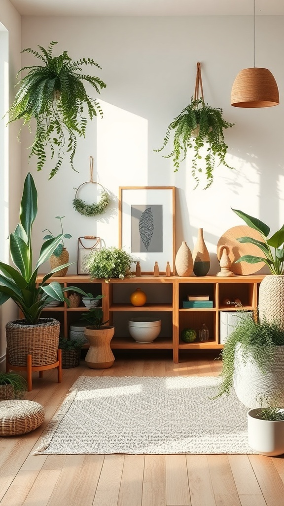 A cozy Scandinavian interior featuring plants, natural materials, and a warm atmosphere.