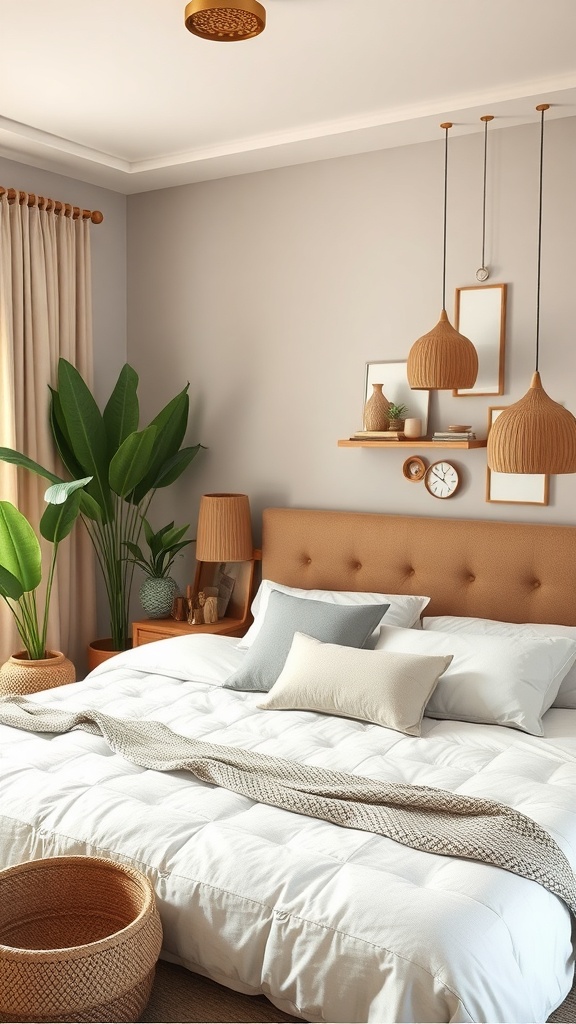 A cozy bedroom with natural decor elements, including plants and earthy tones.