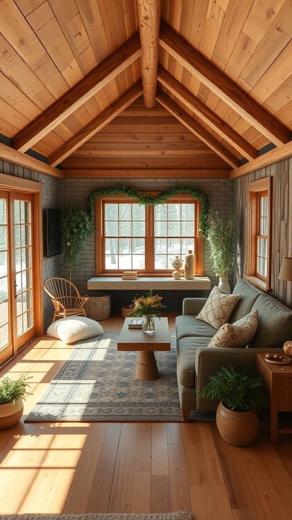 Cozy cabin interior with wooden beams, large windows, and nature-inspired decor.