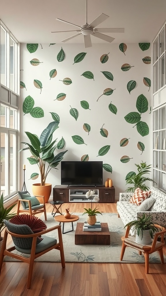 A modern living room with nature-inspired decor featuring leafy wallpaper and potted plants.