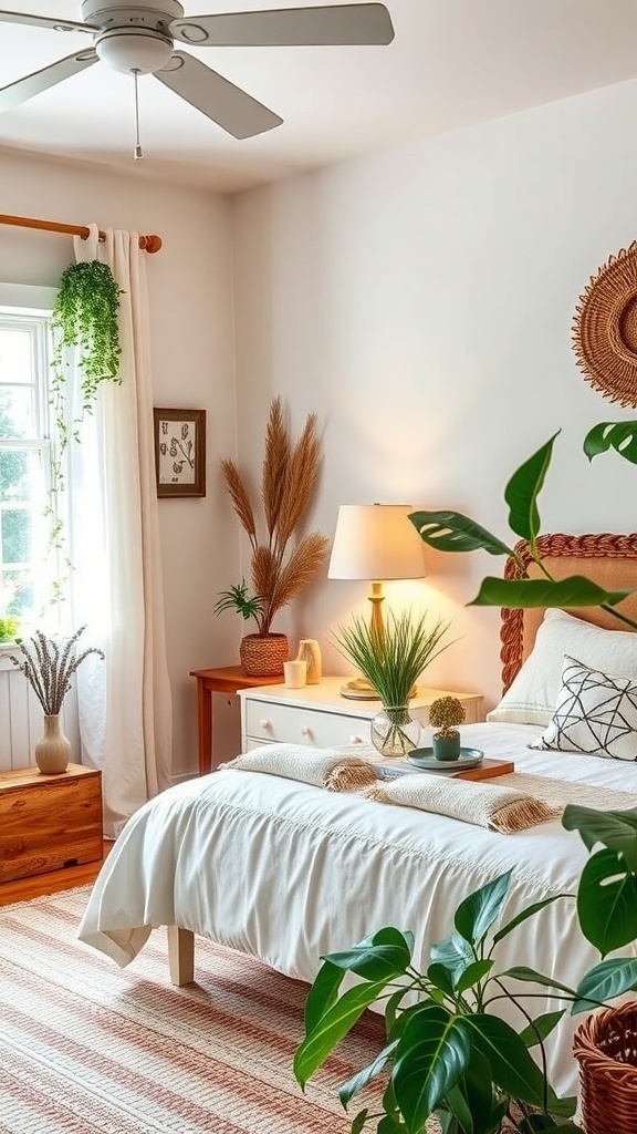 A cozy bedroom featuring nature-inspired decor with plants, wooden furniture, and neutral bedding.
