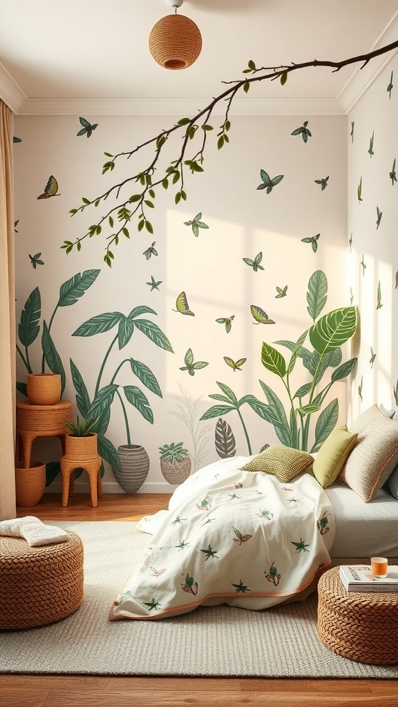 A nature-inspired kids bedroom with plant illustrations on the walls, cozy bedding, and woven furniture.
