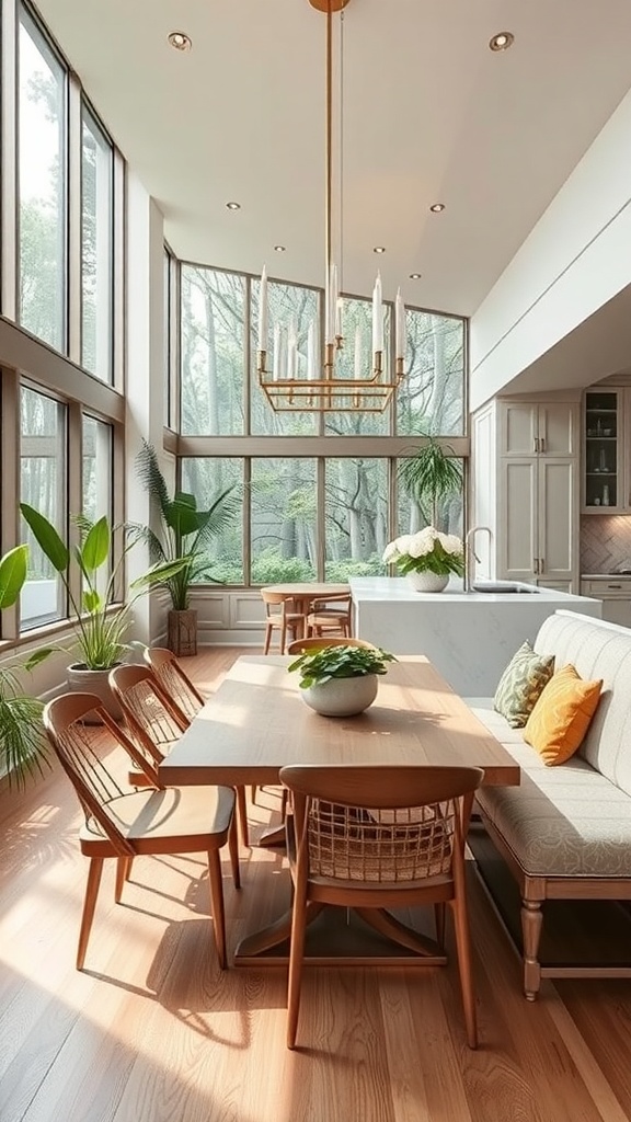 A bright dining room with large windows, wooden furniture, and plants, creating a nature-inspired atmosphere.