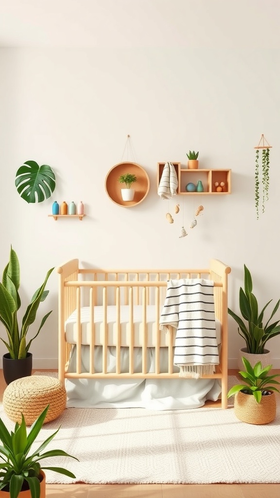 A cozy nursery with a wooden crib, plants, and nature-inspired decor.