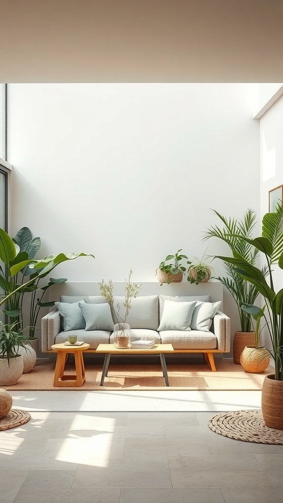A cozy sunken couch space with a light-colored couch, wooden coffee table, and various green plants.