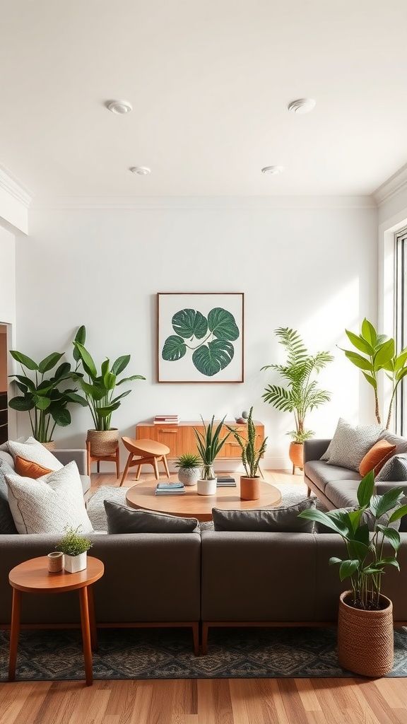 A cozy living room with green plants, natural wood furniture, and leaf-themed artwork.