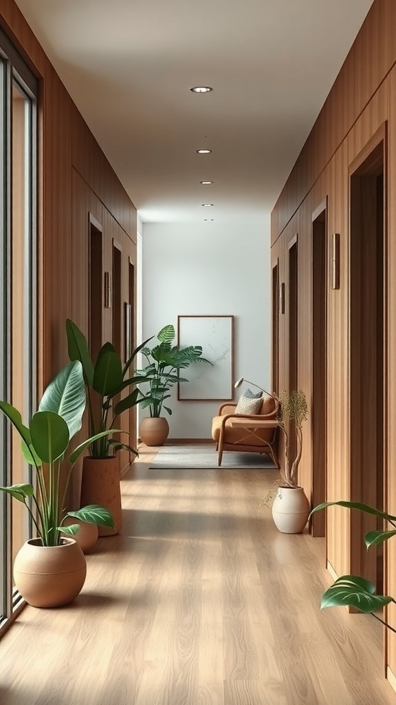 A modern hallway with wooden walls and large potted plants, featuring natural light and a cozy seating area.