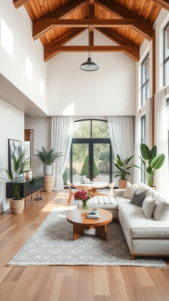 A bright open concept living and dining room with wooden ceilings, large windows, and potted plants.