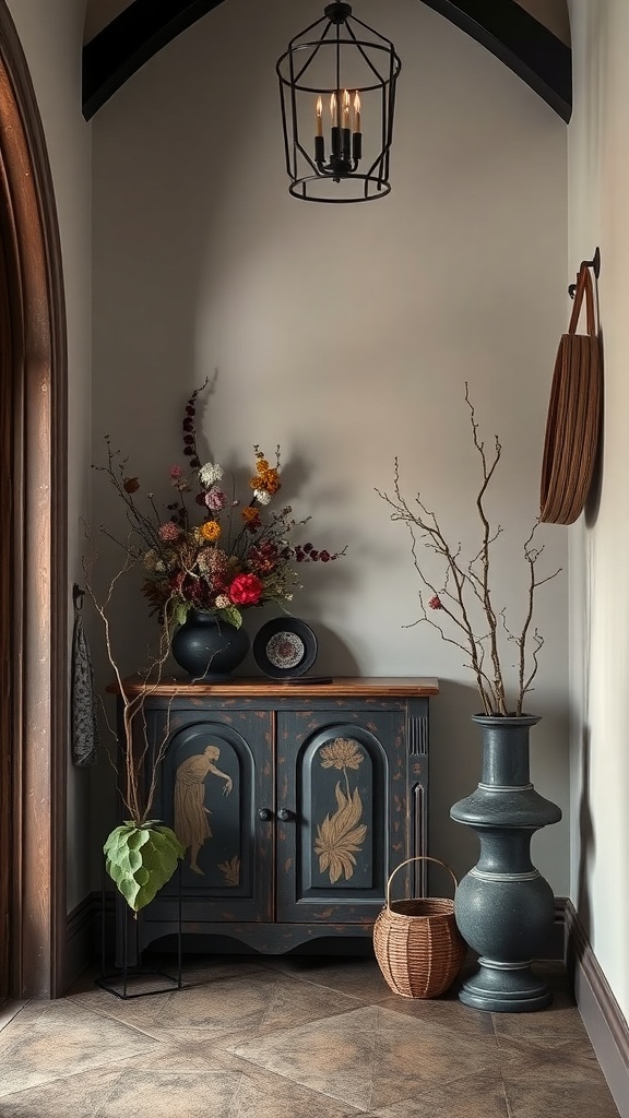 Ein moderner Gothic-Eingangsbereich mit einer schwarzen Tür, getrockneten Blumen und einem Baum mit orangefarbenen Blättern.