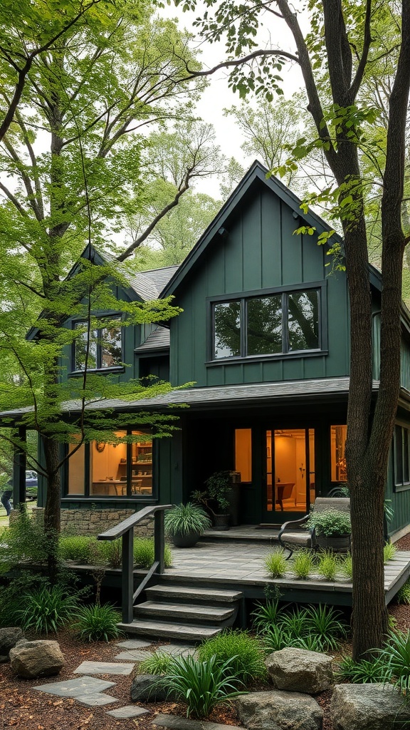 A house painted in a soft green color surrounded by trees and shrubs.