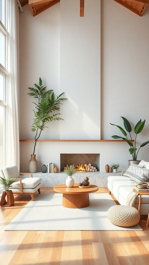 A cozy living room with large windows, plants, and a fireplace, showcasing a nature-inspired interior design.