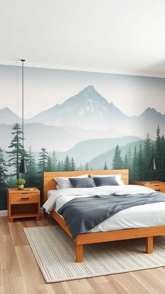 A serene bedroom with a nature-inspired mural featuring mountains and forests.