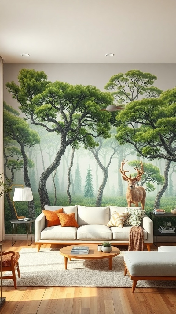 A living room with a nature-inspired mural featuring trees and a deer, complemented by modern furniture.