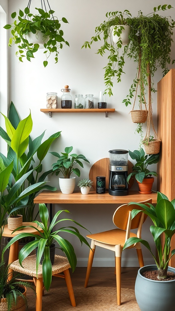 A cozy coffee nook with plants and a coffee maker.
