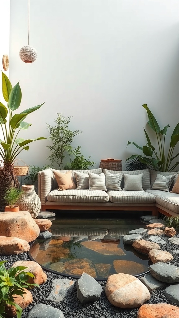 A cozy sunken sofa surrounded by plants and stones, creating a nature-inspired retreat.
