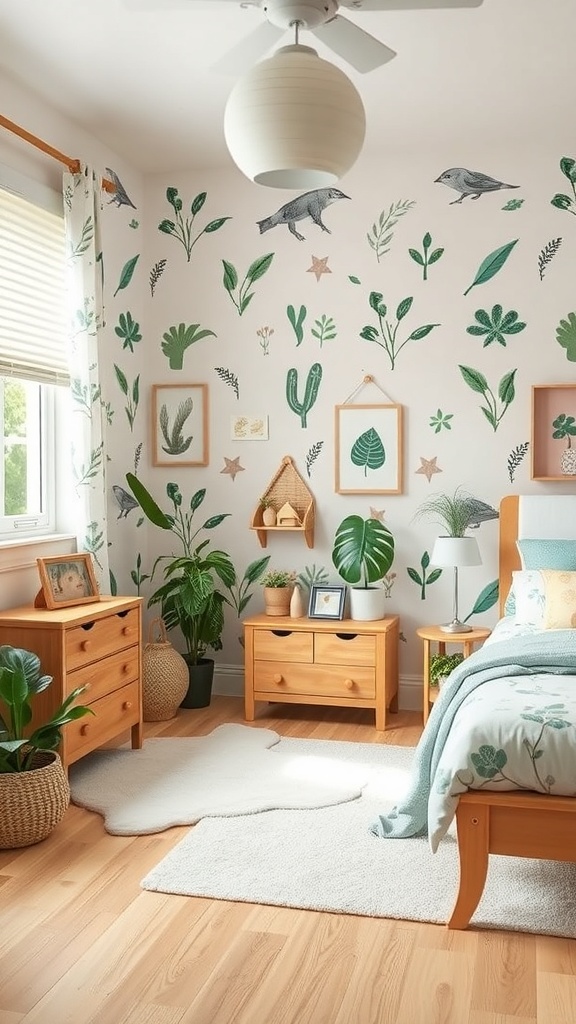 A cozy kids' bedroom with nature-inspired decor, featuring plant illustrations on the walls, wooden furniture, and soft area rugs.