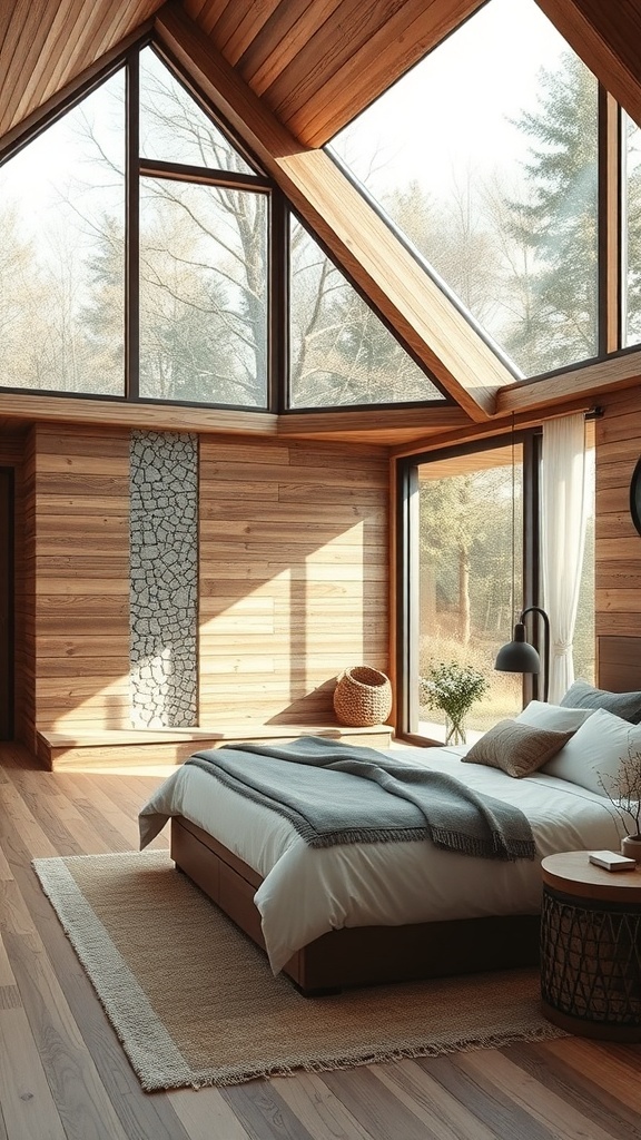 A cozy bedroom with large windows, wooden walls, and a serene atmosphere, featuring natural light and soft textures.