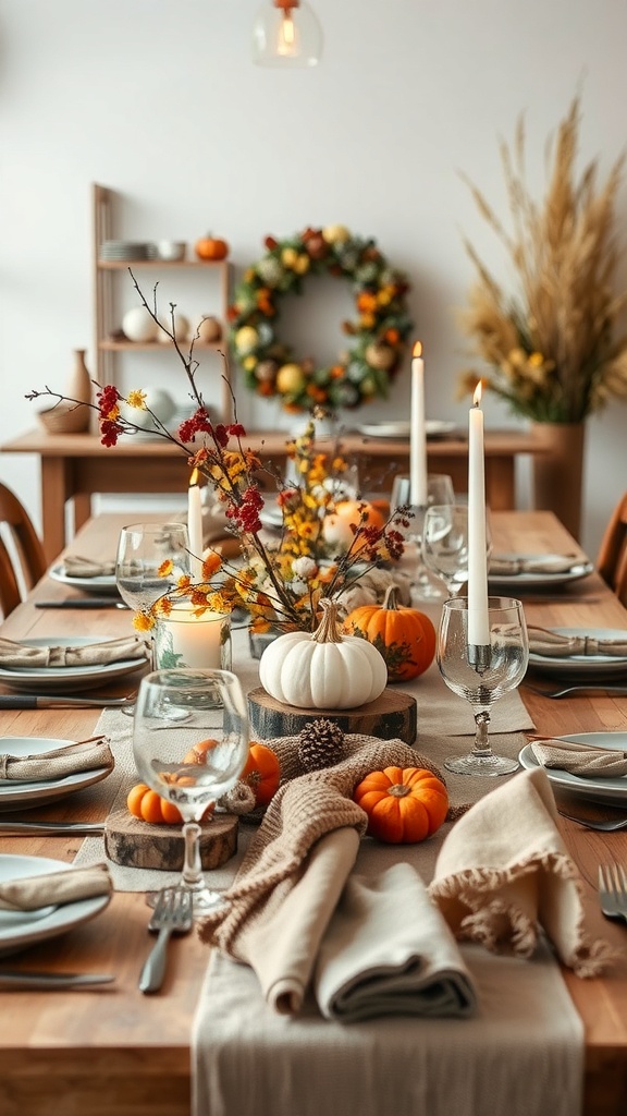 A beautifully set dining table with pumpkins, flowers, and candles for a nature-inspired decor.