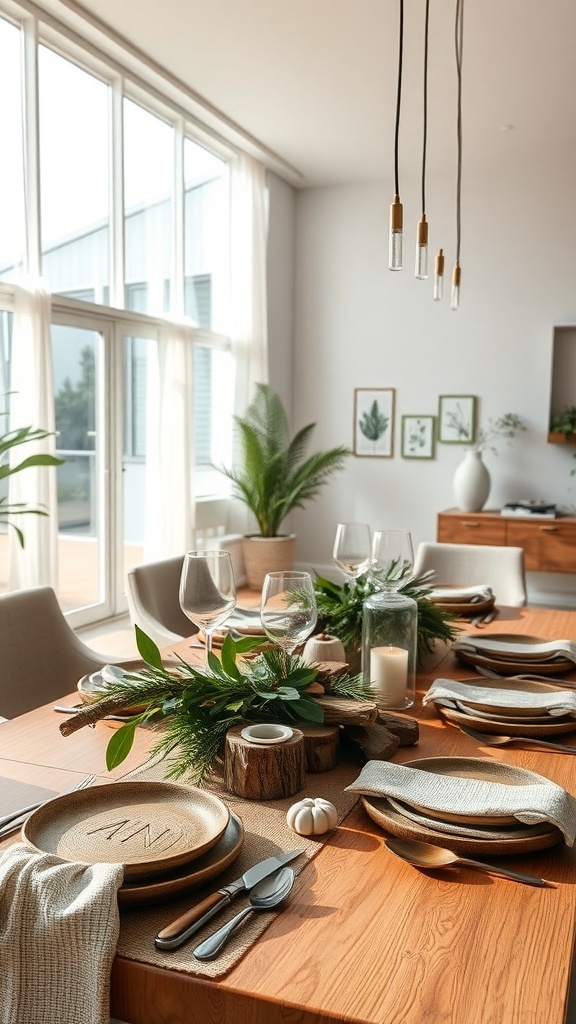 A beautifully arranged nature-inspired table setting with greenery, wooden accents, and elegant tableware.