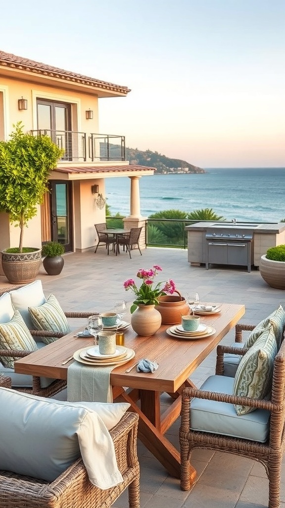Ein gemütlicher Tisch auf einer Terrasse mit Blick auf das Meer, dekoriert mit Erdtönen und Pflanzen.