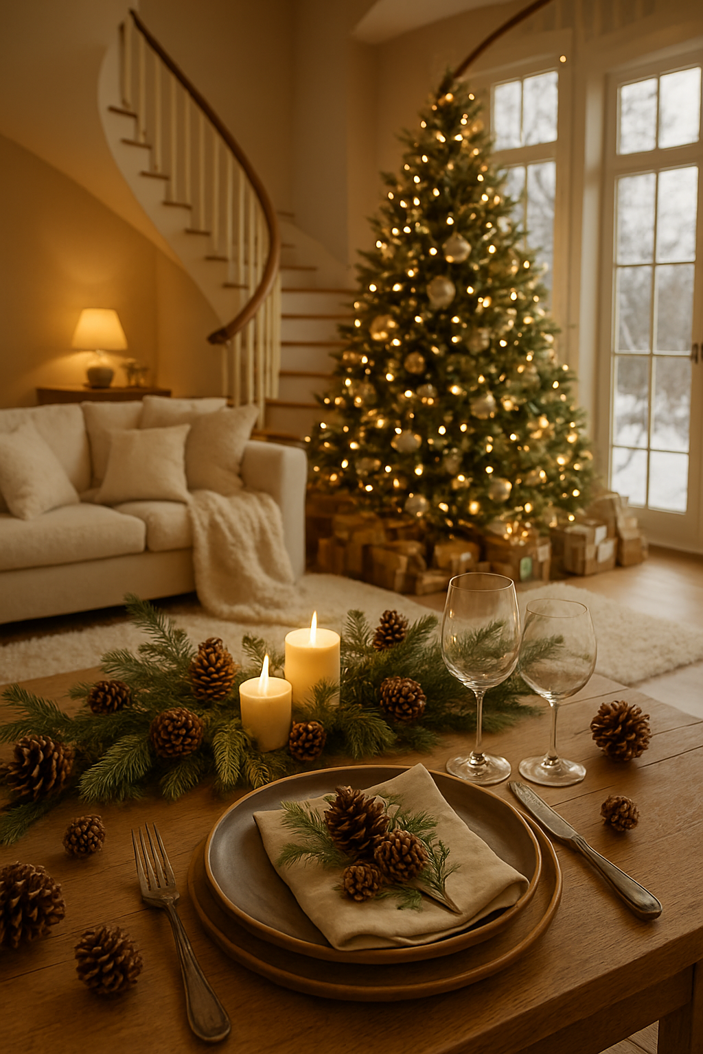 A cozy winter table setting with pinecones, greenery, candles, and elegant tableware.