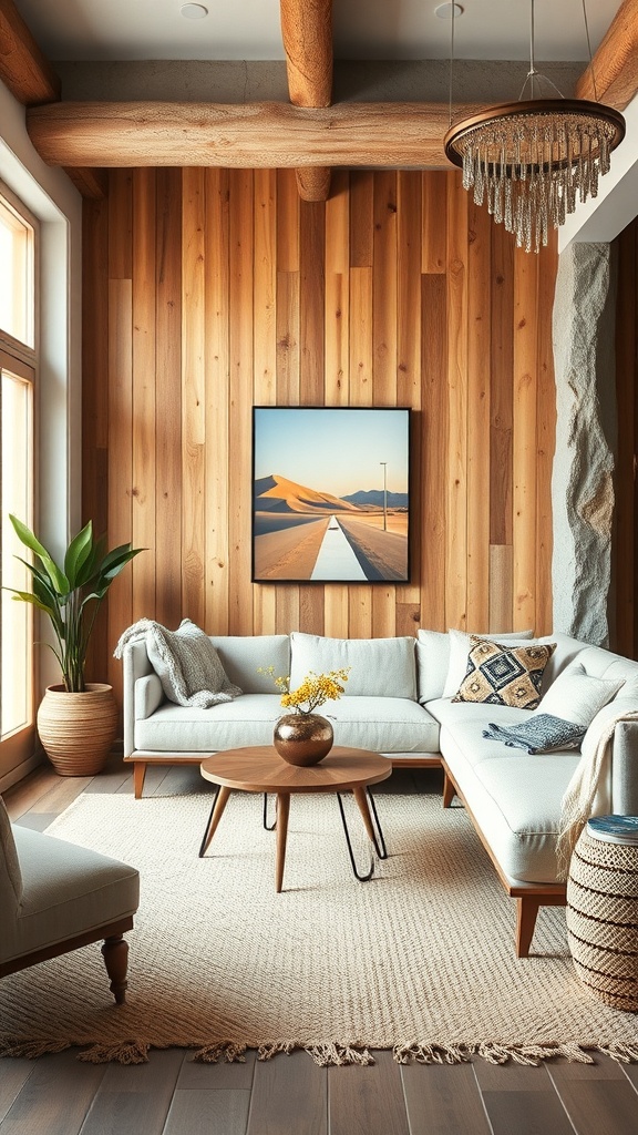 A cozy living room featuring wooden walls, a light sofa, a round coffee table, and a potted plant.