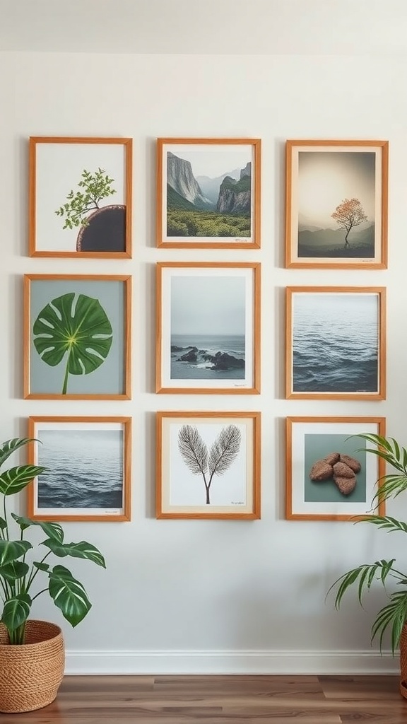 A collection of nature-inspired wall art featuring landscapes, plants, and textures in wooden frames.