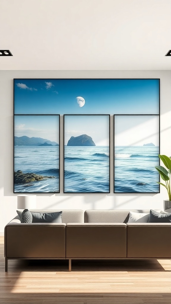 Triptych wall art featuring ocean views with soft blues and gentle waves, displayed above a modern sofa.