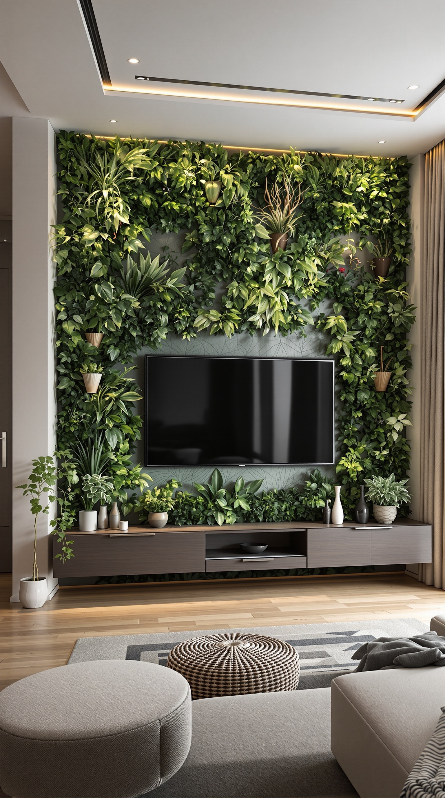 Modern living room with integrated TV wall, surrounded by greenery, beige and white designer furniture, and large windows with sun rays.