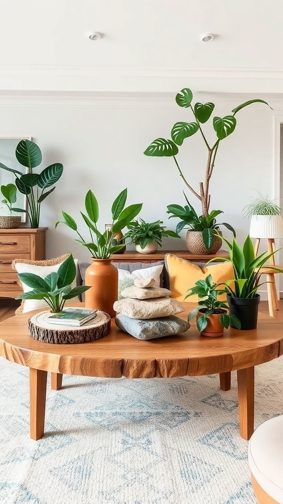 A cozy coffee table arrangement featuring various plants, stones, and soft textiles.