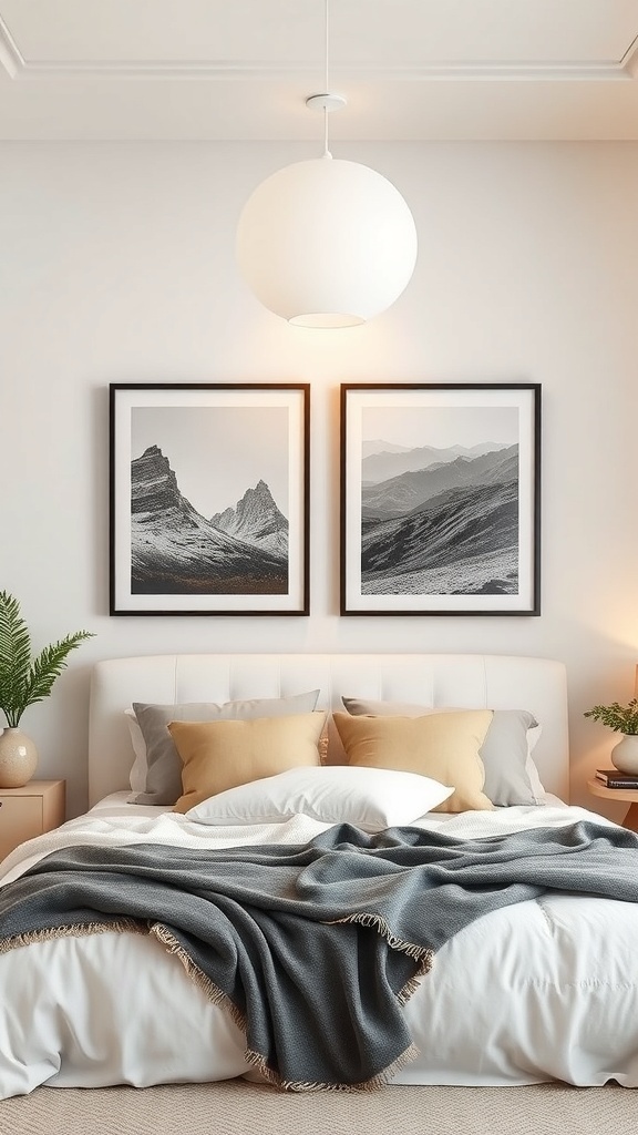 Two black-and-white mountain landscape prints framed above a cozy bed with decorative pillows and a throw blanket.
