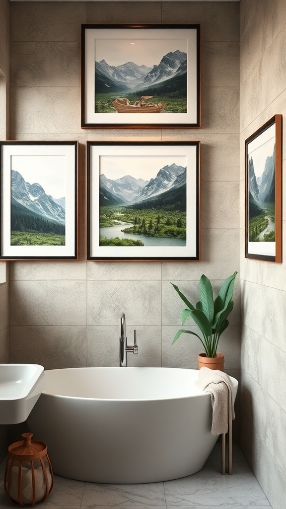 A bathroom featuring a series of nature photographs framed on the wall, showcasing mountains and greenery.