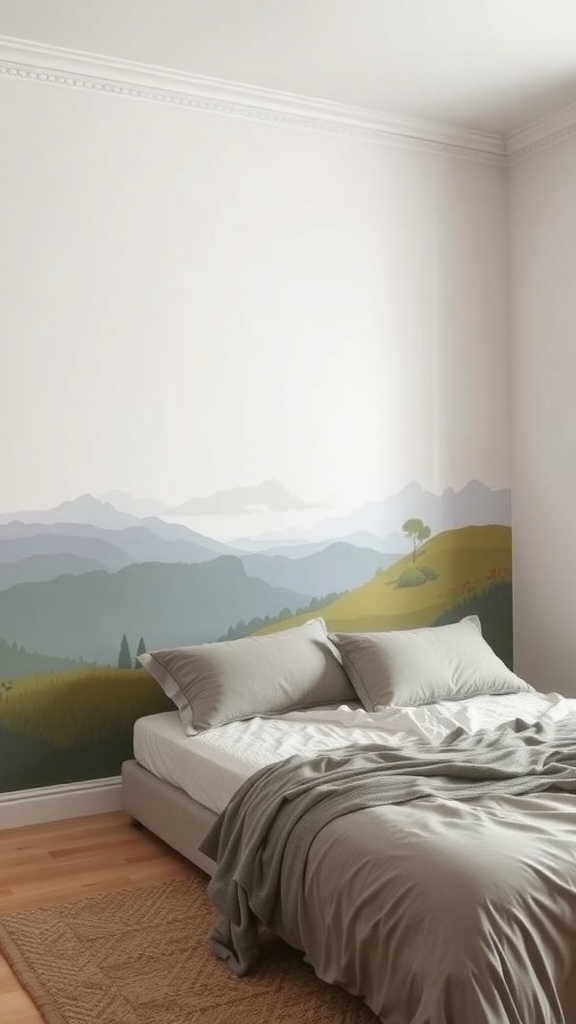 A serene bedroom with a nature mural featuring rolling hills and mountains.